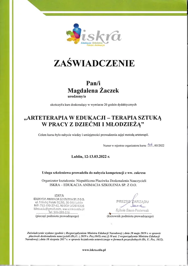 Zaświadczenie: arteterapia w edukacji, terapia sztuką w pracy z dziećmi i młodzieżą, ISKRA, 2022