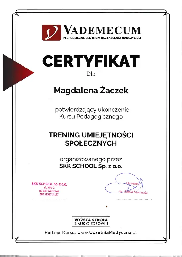 Certyfikat ukończenia kursu pedagogicznego: trening umiejętności społecznych, Vademecum, 2022