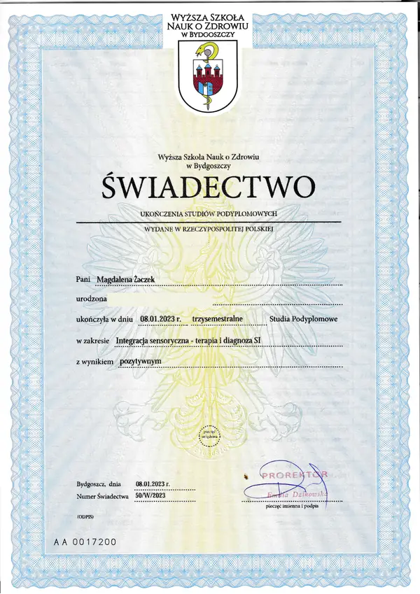 Świadectwo ukończenia studiów podyplomowych z integracji sensorycznej, Wyższa Szkoła Nauk o Zdrowiu w Bydgoszczy, 2023