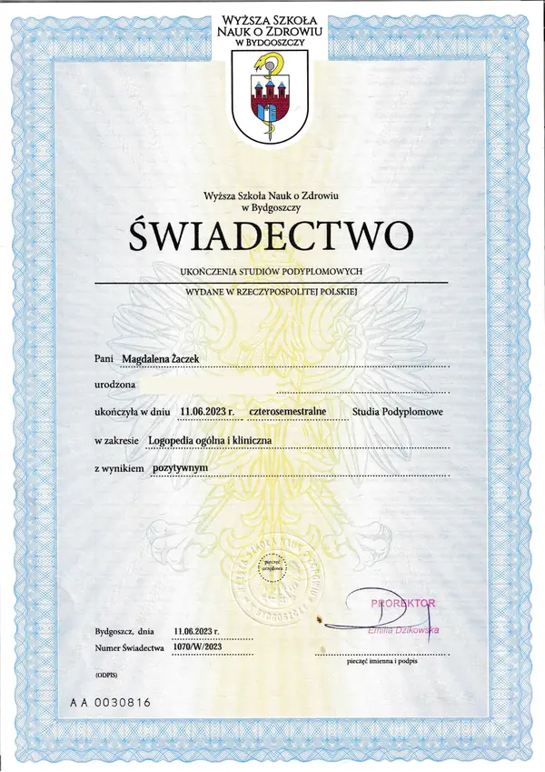 Świadectwo ukończenia studiów podyplomowych z logopedii ogólnej i klinicznej, Wyższa Szkoła Nauk o Zdrowiu w Bydgoszczy, 2023