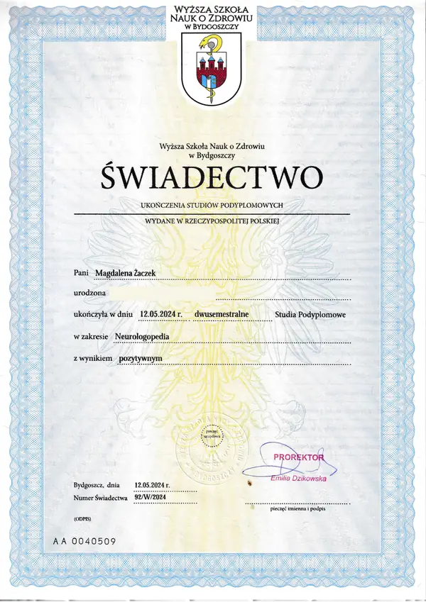 Świadectwo ukończenia studiów podyplomowych z neurologopedii, Wyższa Szkoła Nauk o Zdrowiu w Bydgoszczy, 2024