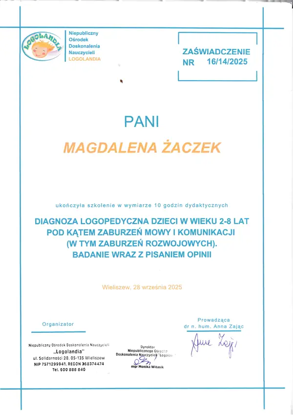 Zaświadczenie: diagnoza logopedyczna dzieci w wieku 2–8 lat, Logolandia, 2025