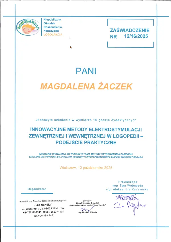 Zaświadczenie: innowacyjne metody elektrostymulacji w logopedii, Logolandia, 2025
