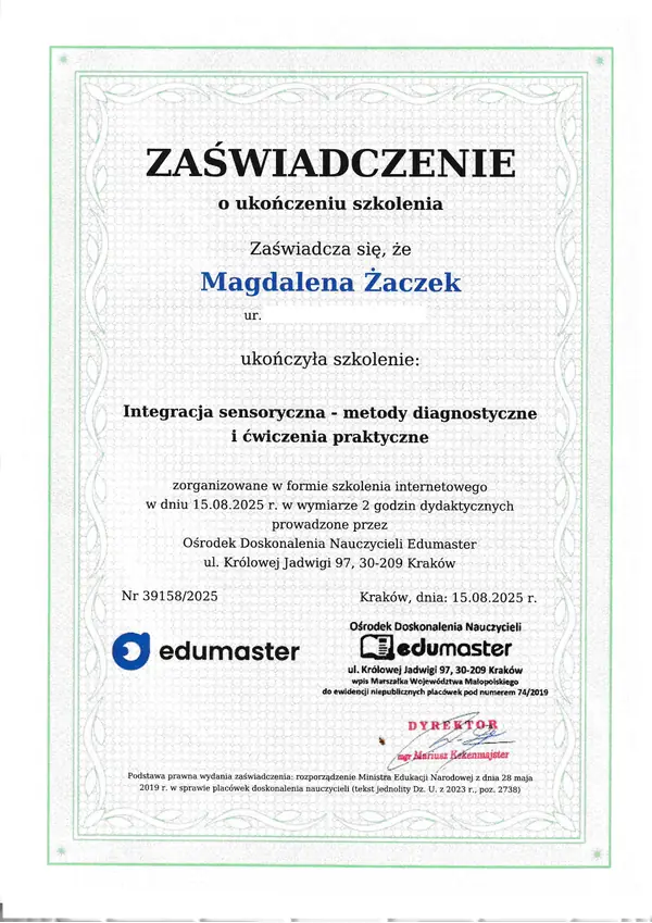 Zaświadczenie: integracja sensoryczna, metody diagnostyczne i ćwiczenia praktyczne, Edumaster, 2025