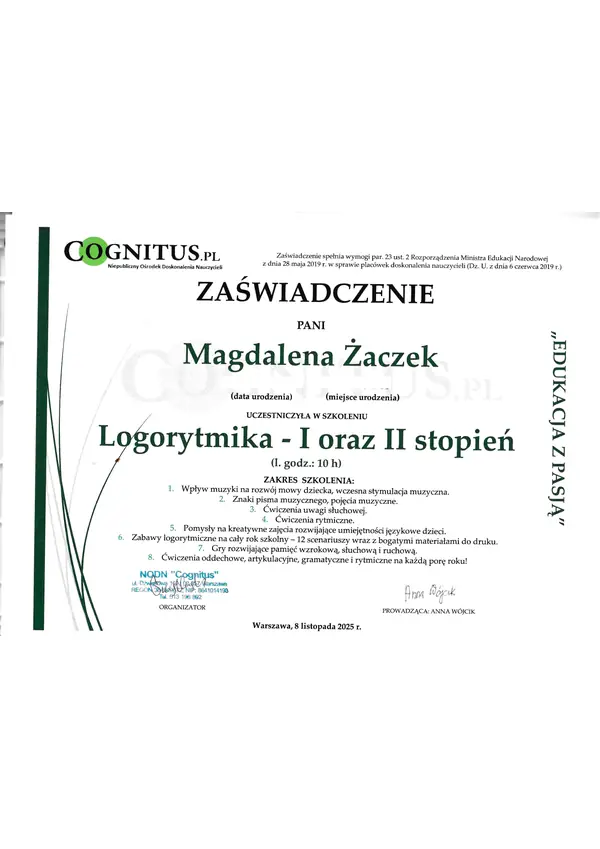 Zaświadczenie: logorytmika I i II stopień, Cognitus, 2025