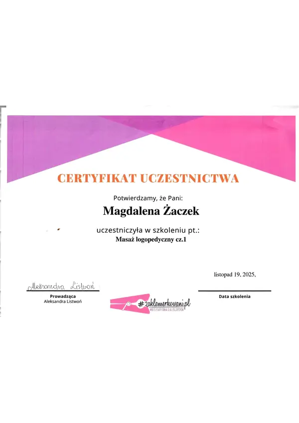 Certyfikat uczestnictwa w szkoleniu: masaż logopedyczny część 1, 2025