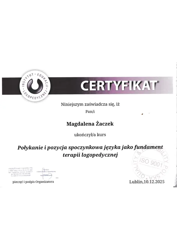 Certyfikat: połykanie i pozycja spoczynkowa języka, Instytut Edukacji Logopedycznej, 2025