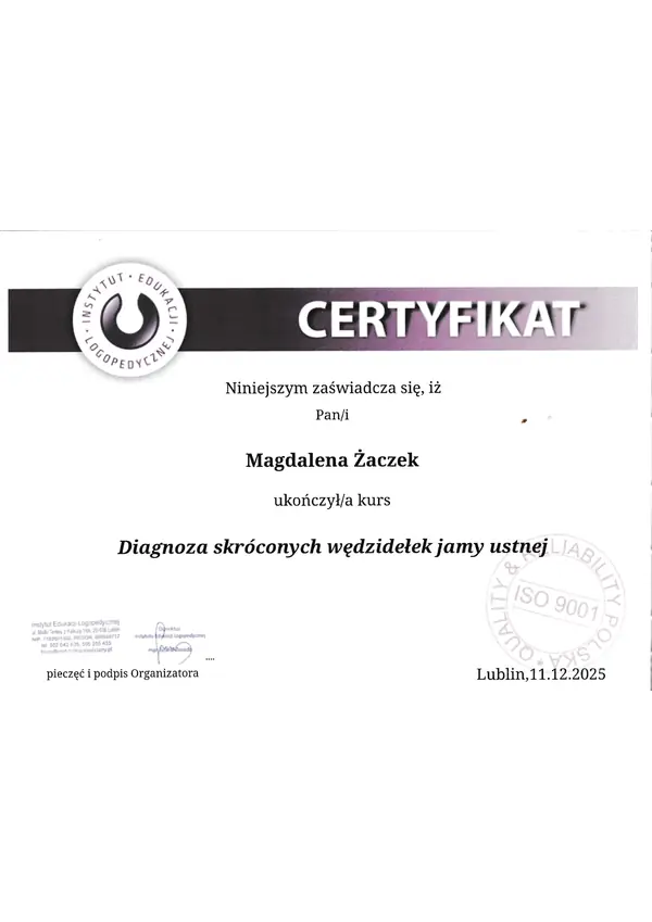 Certyfikat: diagnoza skróconych wędzidełek jamy ustnej, Instytut Edukacji Logopedycznej, 2025