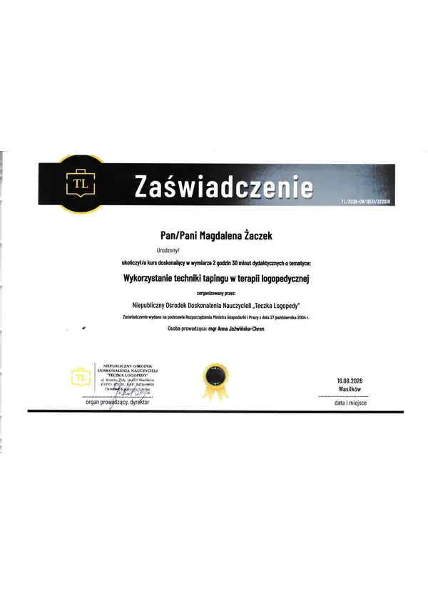 Zaświadczenie ze szkolenia: taping w terapii logopedycznej, 2026