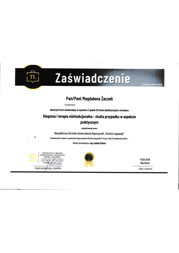 Zaświadczenie ze szkolenia: diagnoza i terapia miofunkcjonalna, 2026
